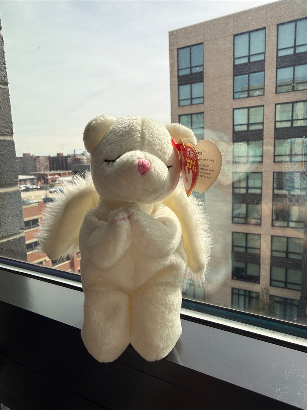 Ty White Angel Bunny Beanie Baby with Pink Nose